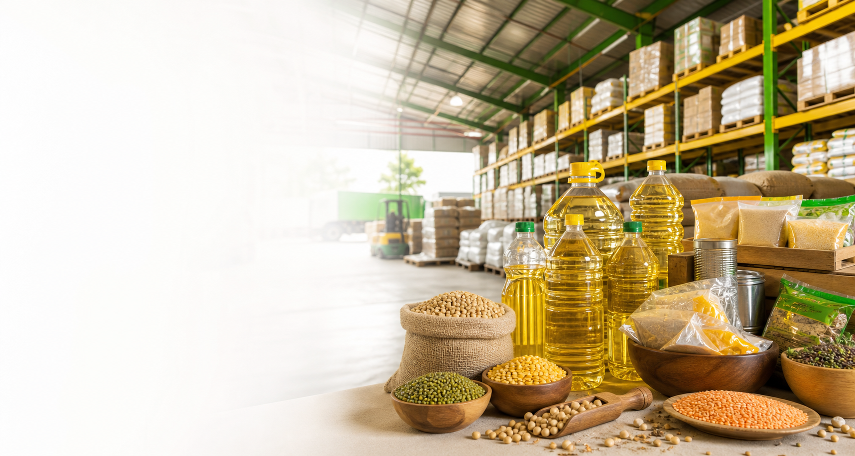 Clean food commodity warehouse with edible oil and agro supply products